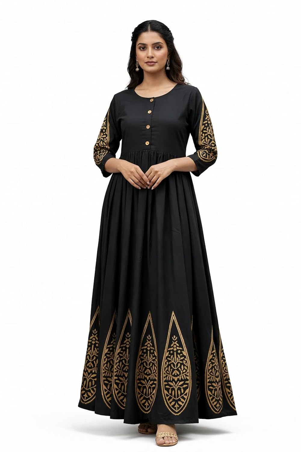 Black Anarkali Dress for Women, Golden Foil Print Ethnic Gown, 3/4 Sleeve Round Neck, Floor Length Kurti - Review, Price and Buying Guide