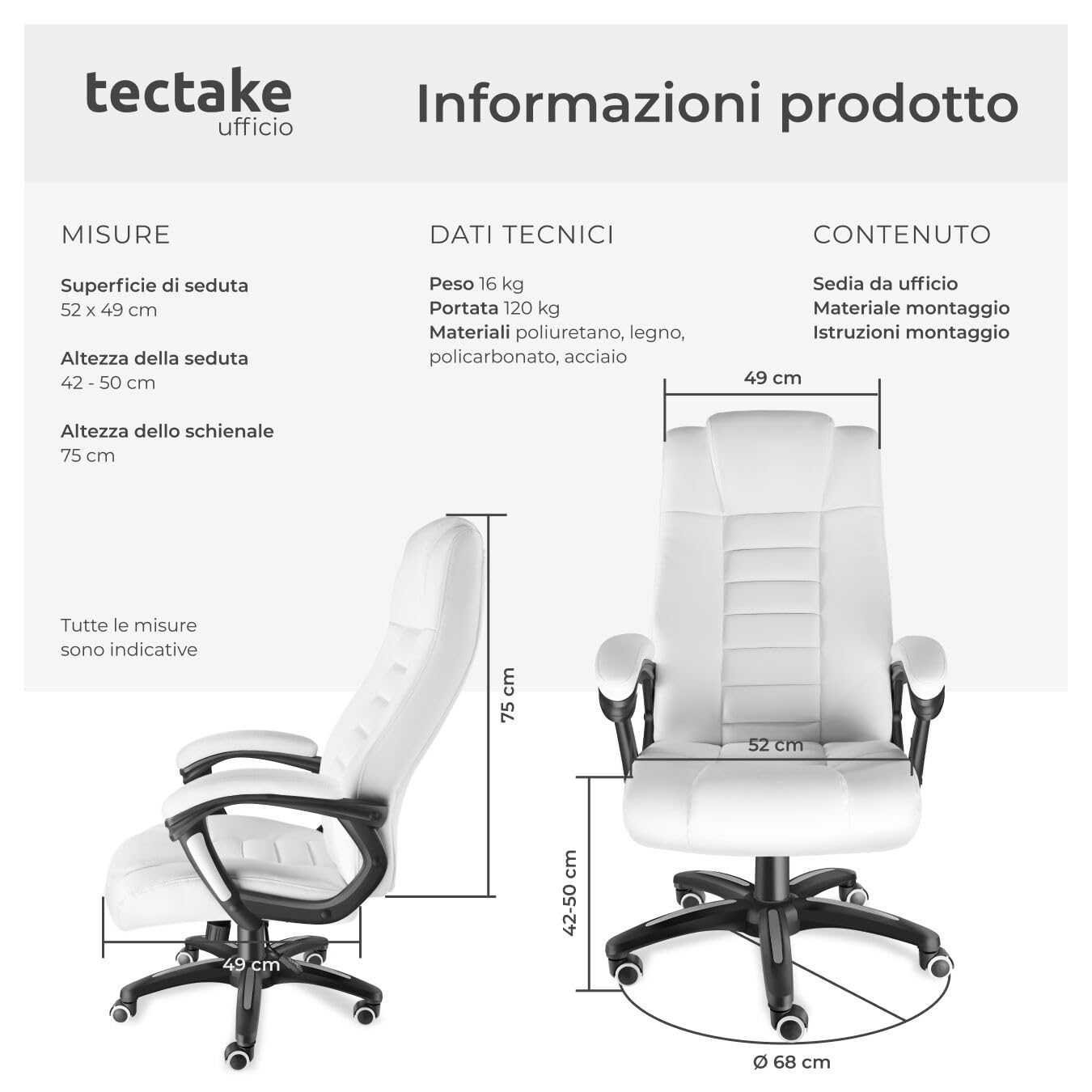 tectake® Sedia Ufficio, Imbottitura 12 cm, Sedia scrivania con Poggiatesta e Braccioli, Base con Rotelle, Sedia ergonomica con altezza regolabile, Inclinazione Continua, Poltrona Ufficio - Bianco