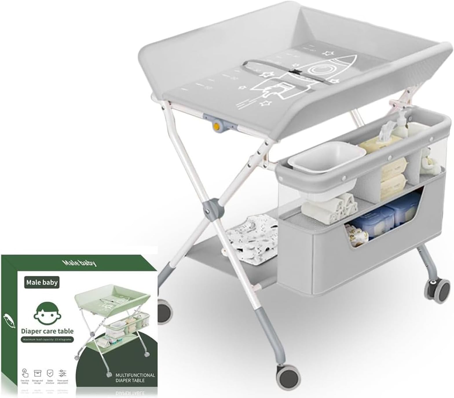 Baby Changing Table, Portable Folding Diaper Changing Station with Wheels, Adjustable Height, Large Storage Rack, Water Basin, Safety Belt, Mobile Nursery Organizer for Newborn Infant, Grey