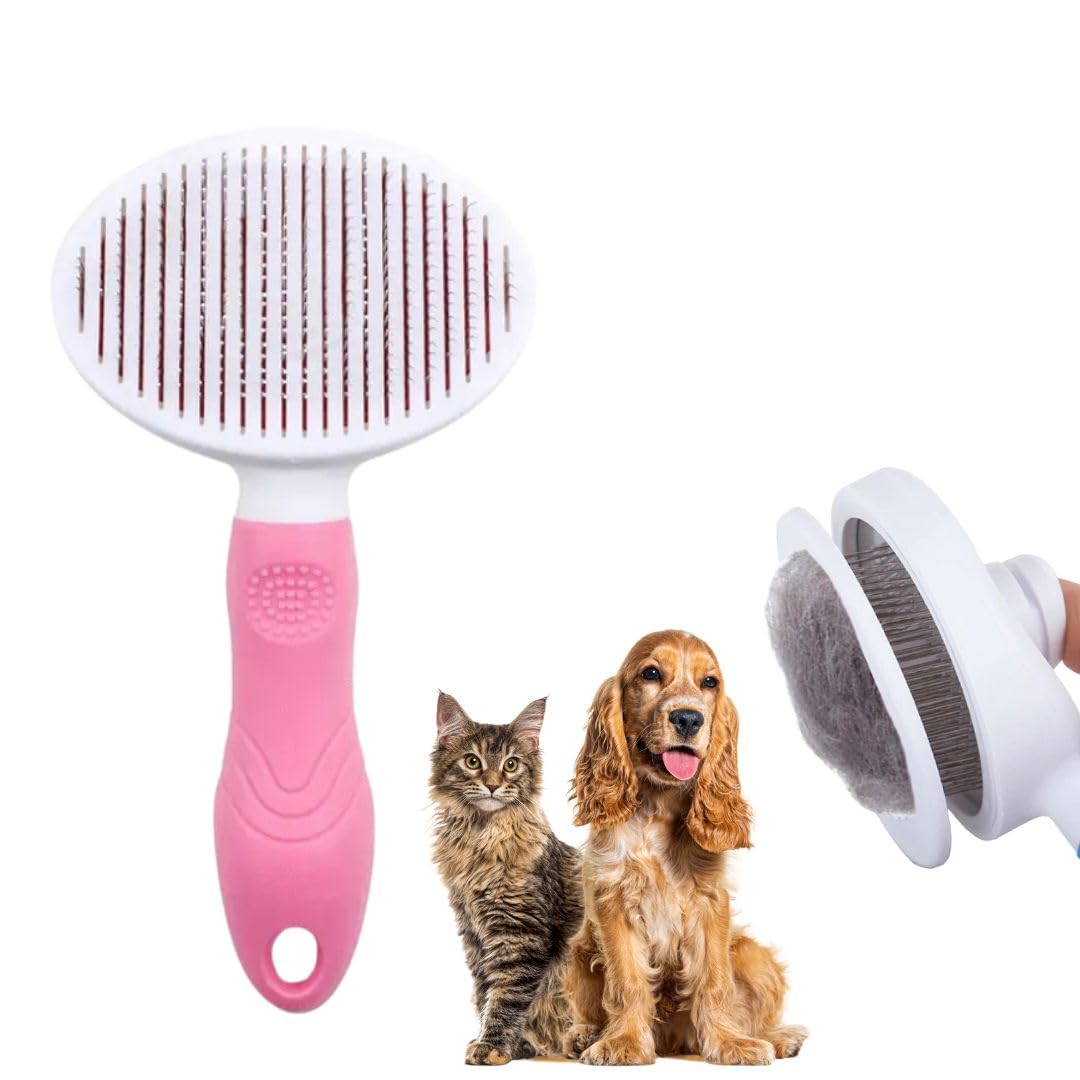 Brush for Cats and Dogs - Self-Cleaning and Lightweight Accessory for Cats and Dogs. Dog Brush, Cat Brush - Suitable for Long Hair and Short Hair Animal Hair, Ideal for Grooming (Pink)