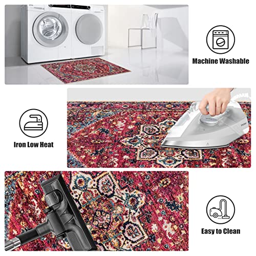 Leevan Boho Runner Rug 2'X6' Oriental Floral Area Rug Traditional Vintage Floor Carpet Bohemian Bedroom Throw Rugs Washable Kitchen Runners Pink Non-Slip Hallway Accent Rug Low-Pile Living Room Rug #TOP4