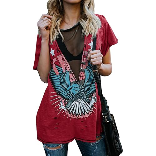 Womens Short Sleeve Graphic Tees Distressed Hawk Print Mesh V Neck Loose Sexy T-Shirt Tops Blouse