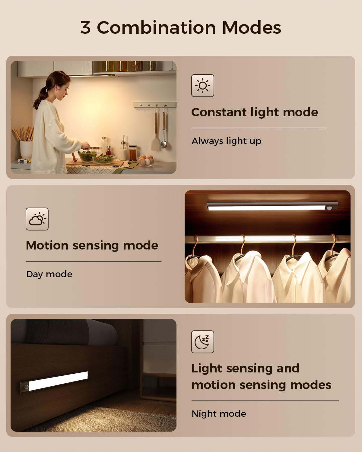11.8in Motion Sensor Cabinet Light, 2 Pack Under Cabinet Lighting with 4 Modes (Auto Night/Day/Always On/Off), 3 CCT & Stepless Dimming, USB Type-C Charging, for Kitchen, Stairs