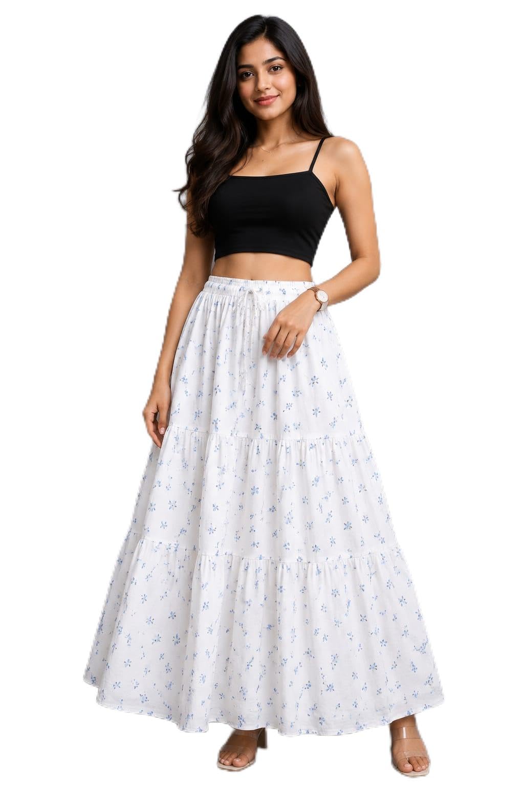 Women's Floral Printed Maxi Skirt | White Tiered A-Line Long Skirt | High Waist Elastic Waistband | Cotton Casual Summer Beach Vacation Skirt for Women-picture-19
