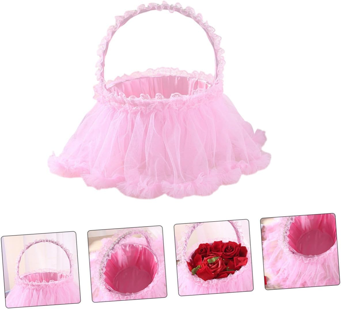 Tofficu Wedding Scatter Flower Basket Pink Lace Petal Storage Basket for Wedding Ceremony and Party Supplies
