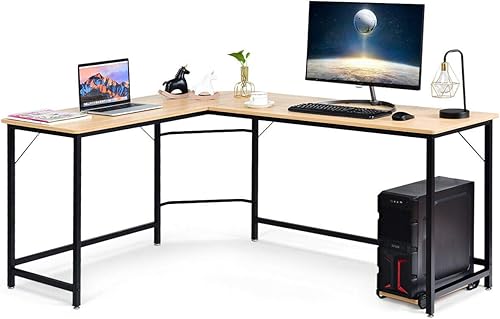 Miniatura 1 de DORTALA Escritorio en forma de L para computadora de esquina, mesa de juegos para computadora portátil, estación de trabajo, natural