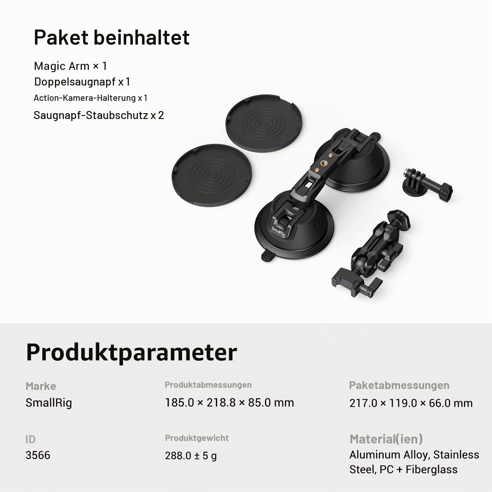 SMALLRIG Suction Cup Mount für GoPro, zur Windschutzscheibe & Autofenster, SaugnapfHalterung für Sony DSLR, leichte Kameras, Fahrzeugaufnahmen, Vlogging, Action-Kameras, mit Action-Kamera-Halterung
