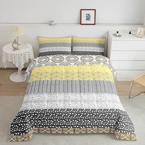 Bohemian Stripe Comforter Set Twin Size Boho Bedding Set for Women Girls Teens Exotic Floral Folkloric Comforter Super Soft Colorful Retro Geometric Quilt Set Farmhouse Duvet Set Yellow Gray