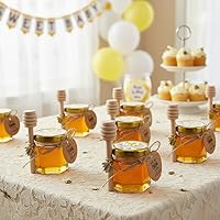Vista 4 de Adabocute Mini tarros de miel – Tarro hexagonal de miel de vidrio con tapas doradas, cubos de madera, abalorios de abeja y yutes – Pequeños tarros