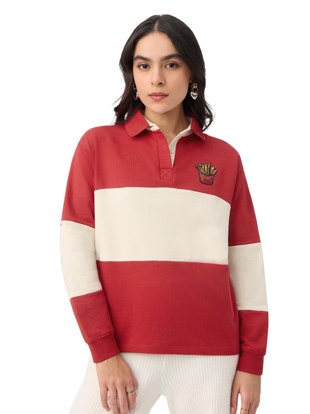 the souled store Fries Women and Girls Long Sleeves Spread Collar Red Colour-Block Cotton Regular Fit Lightweight Streetwear Rugby Polos-picture-33