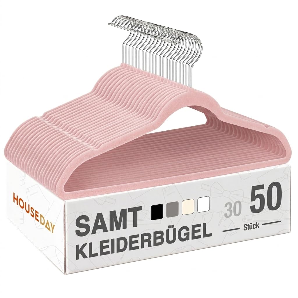 HOUSE DAY Kleiderbügel Samt 50er Set, Kleiderbügel Platzsparend, Bügel rutschfest und Samtbügel Schmal mit 360° Drehbarer Haken, für Hemden, Anzüge, Mäntel, Pullover, Hosen, Rosa