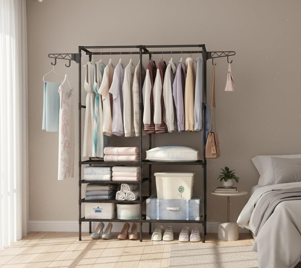 Scaffale Appendiabiti con Struttura in Metallo e Ripiani in Stoffa 108x36x170 cm – Armadio Aperto con Barra per Vestiti, Mensole Portaoggetti e Ganci Laterali – Organizer Salvaspazio per Camera