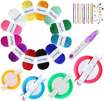 Pompom Maker Kit, Knitting Loom Fluff Ball Weaver Needle Craft DIY Knitting Crochet Tool Kit,4PS Pompom Maker+10PS Knitting Stitch Markers+10PS Plastic Needles+12PS Acrylic Yarn+1PS Scissors37b