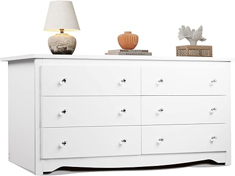 WLIVE White Dresser for Bedroom, 59“ Wide Chest of Drawers with 6 Drawer, Wood Long Nightstand with Drawers, Modern Large Storage Tower Unit, Closet Store Organizer for Living Room, Hallway