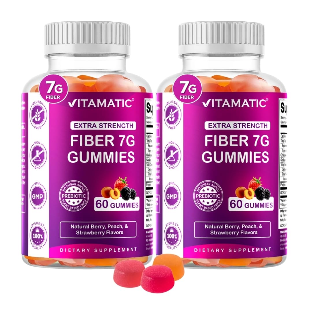 Vitamatic 2 Pack Prebiotic Fiber Gummies for Adults - 7G Fiber Extra Strength - Zero Sugar Added - 60 Pectin Based Gummies - Digestive Health & Regularity Support