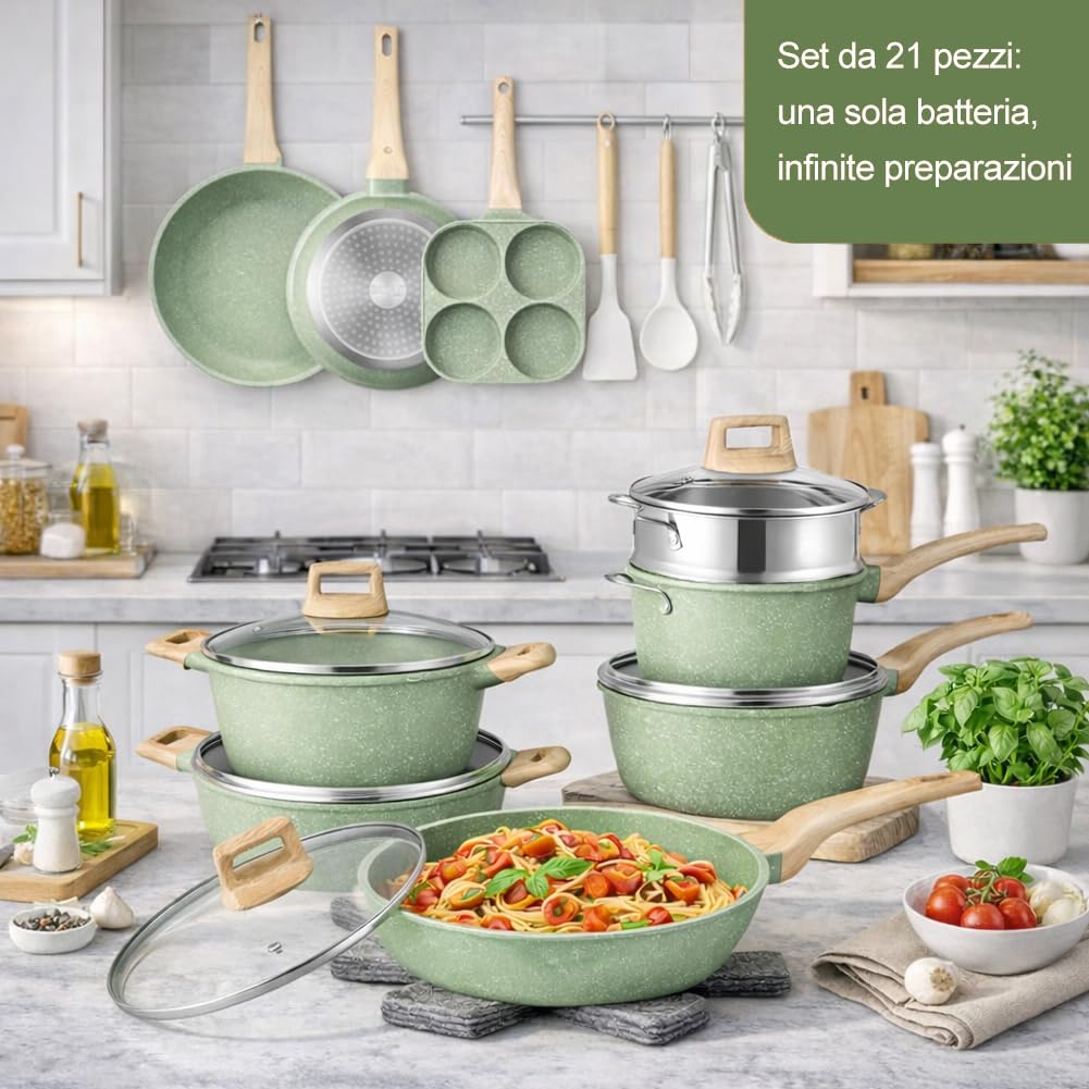 BAKAJI Batteria di Pentole e Padelle 21 Pezzi a Induzione e Gas, Set Adatto a Tutti i Piani Cottura, Antiaderente in Alluminio Pressofuso ed Effetto in Granito con Coperchio e Accessori (Verde)