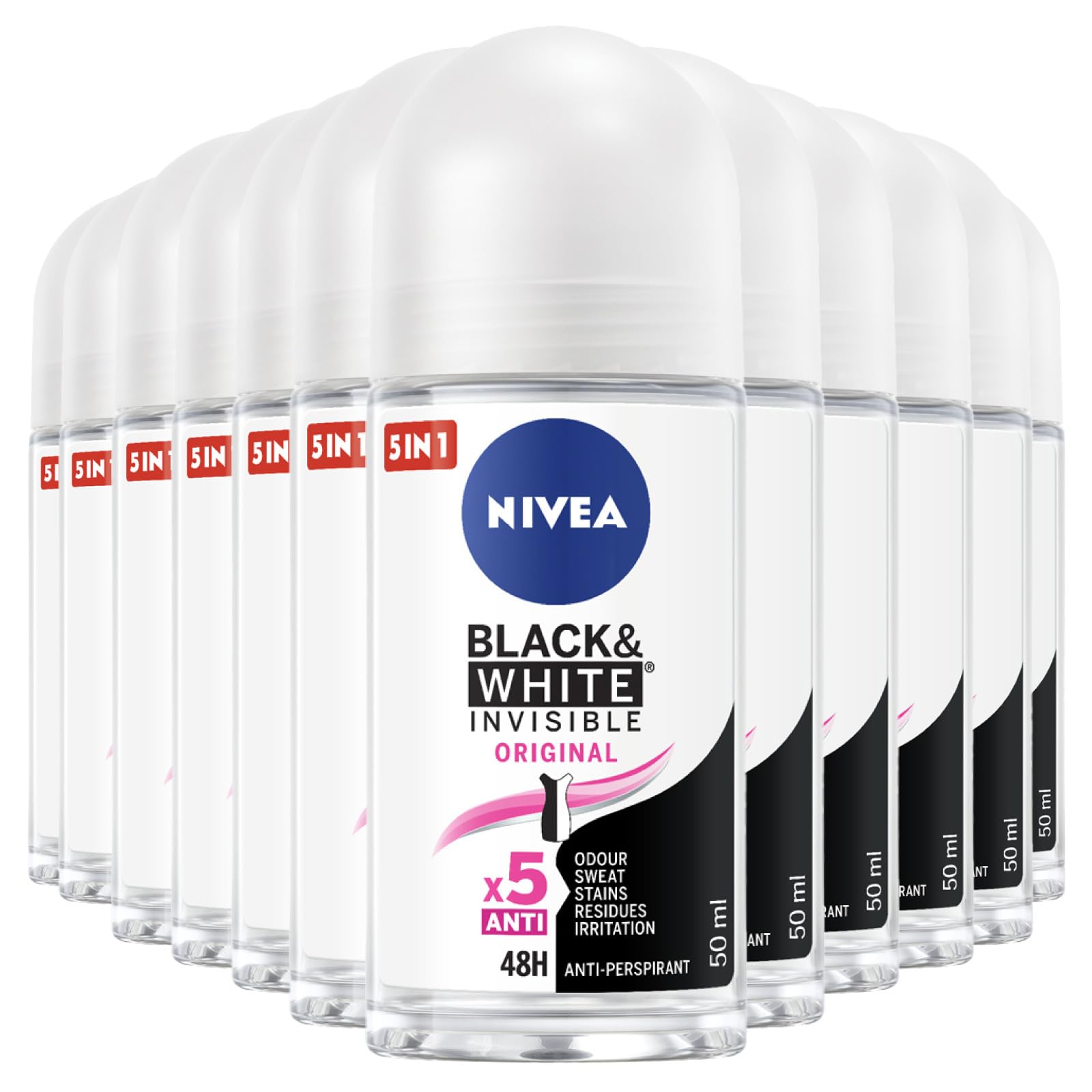 Nivea Black & White Invisible Original Roll-On dezodorant antyperspirant 48 h ochrona przed nieprzyjemnym zapachem potu i plamy pozostałości podrażnień - 12 butelek po 50 ml