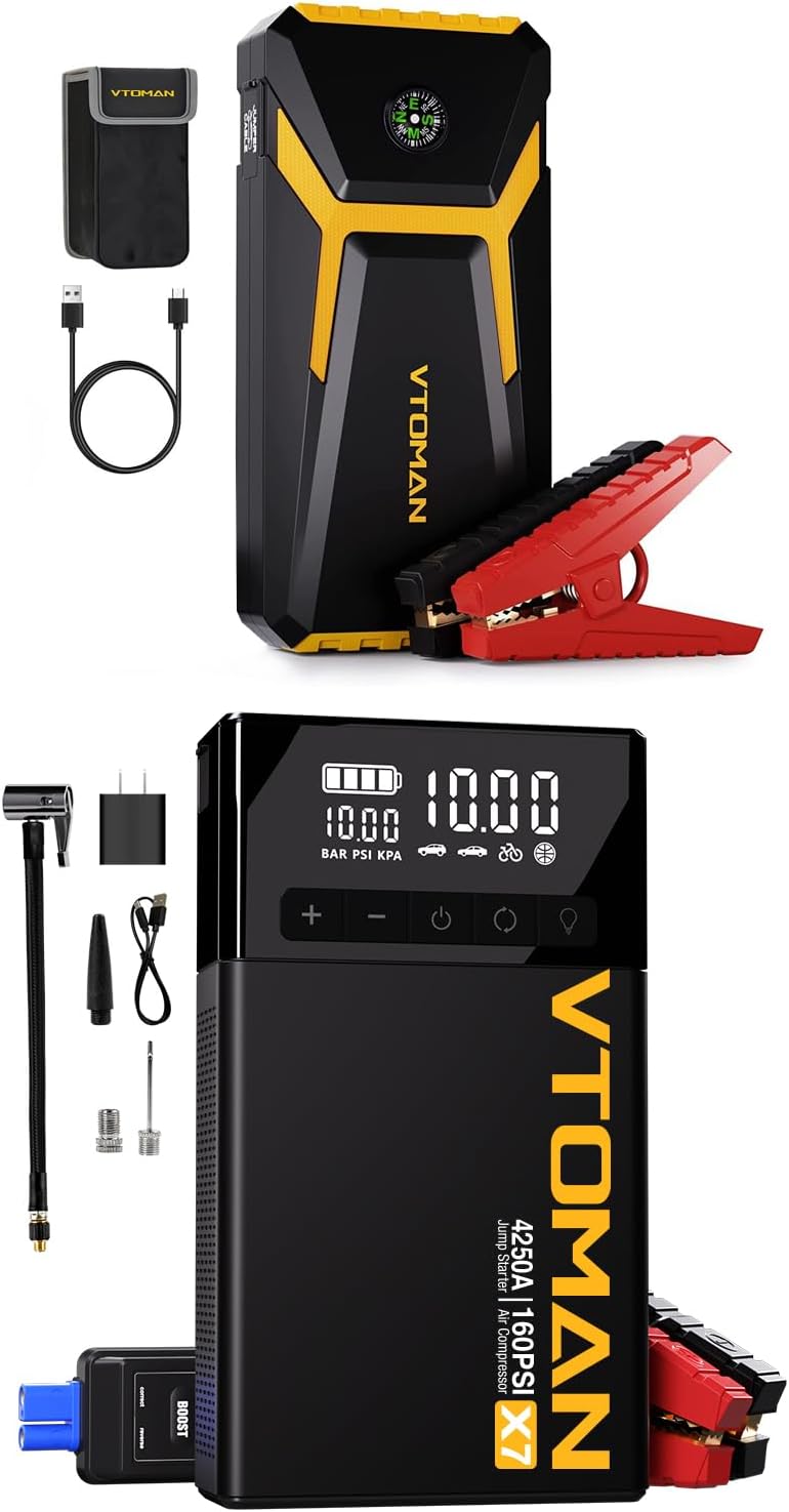VTOMANV6 Pro & X7 Jump Starter with Air Compressor,4250A +2000A Portable Car Starter with 160PSI Digital Tire Inflator,12V Lithium Battery Charger Booster Box with Type-C Quick Charge (Up 10L Gas/10