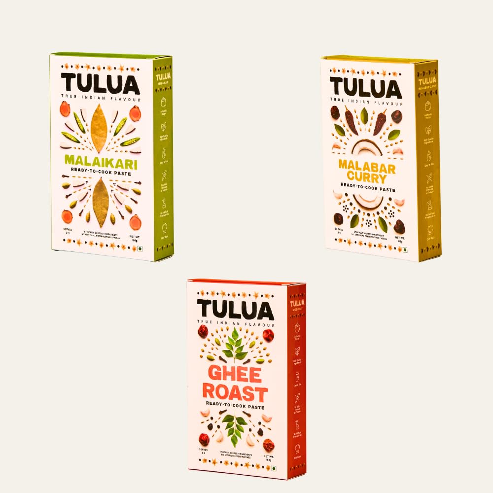 Tulua Ghee Roast, Malabar Curry & Malaikari Ready to Cook Paste | Restaurant Style Indian Curry Gravy | No Preservatives | 3 Pack (160 g Each) | Serves 6–9