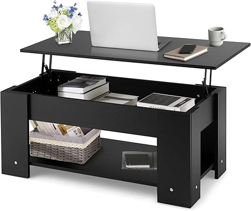 Giantex Mesa auxiliar elevadora mesa de cóctel moderna con compartimento oculto y estante de almacenamiento abierto mesa central abatible mesa de