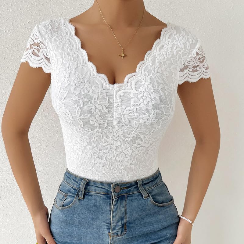 Haibang Body en Dentelle pour Femmes Body Sexy Chic Bodycon Bodysuit Manche Courte Col V Dentelle Top Moulant Haut Shirt Transparente Dos Nu Une Pièc Combinaisons Jumpsuit Élégant Lingerie Clubwear