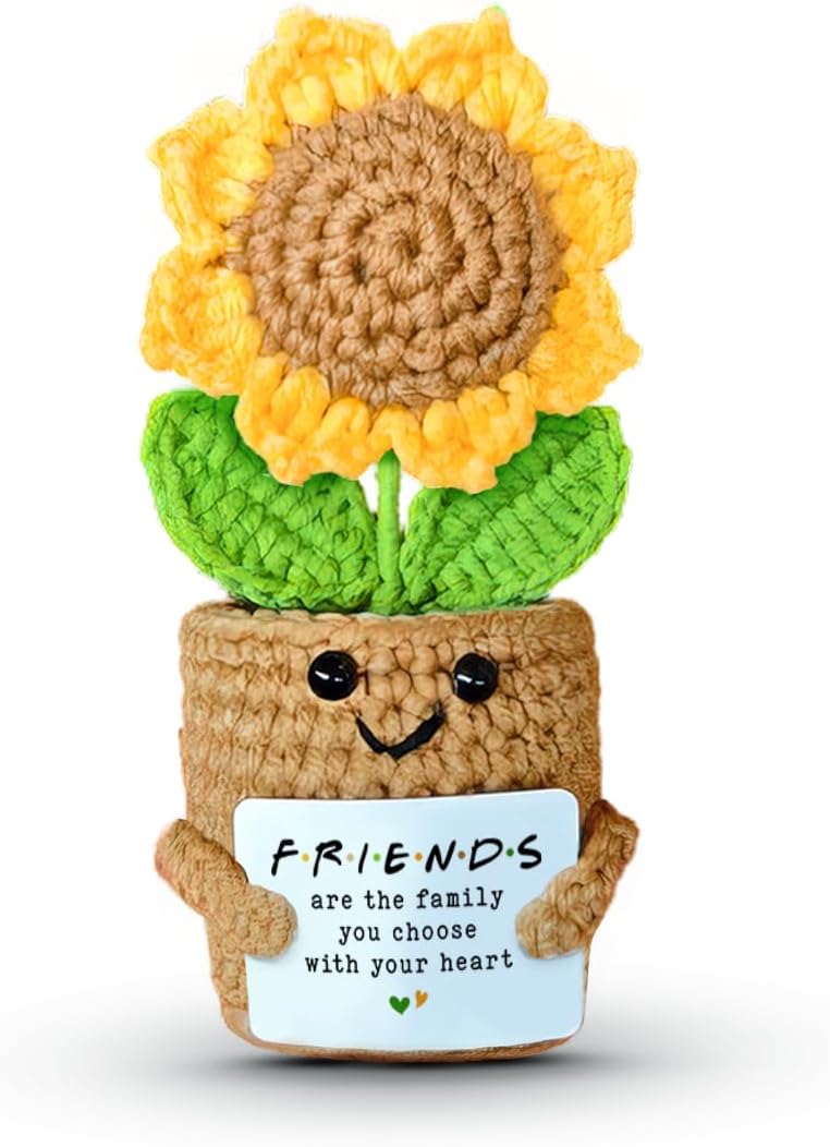 Mini Sunflower Crochet Gift with Card for Women Best Friend, Soul Sister, Long Distance Pal, Friends Are the Family You Choose, Cute Decor for Birthday, Christmas for Bestie, BFF, Coworker