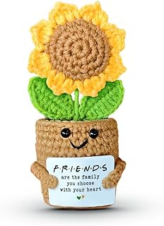 Mini Sunflower Crochet Gift with Card for Women Best Friend, Soul Sister, Long Distance Pal, Friends Are the Family You Choose, Cute Decor for Birthday, Christmas for Bestie, BFF, Coworker
