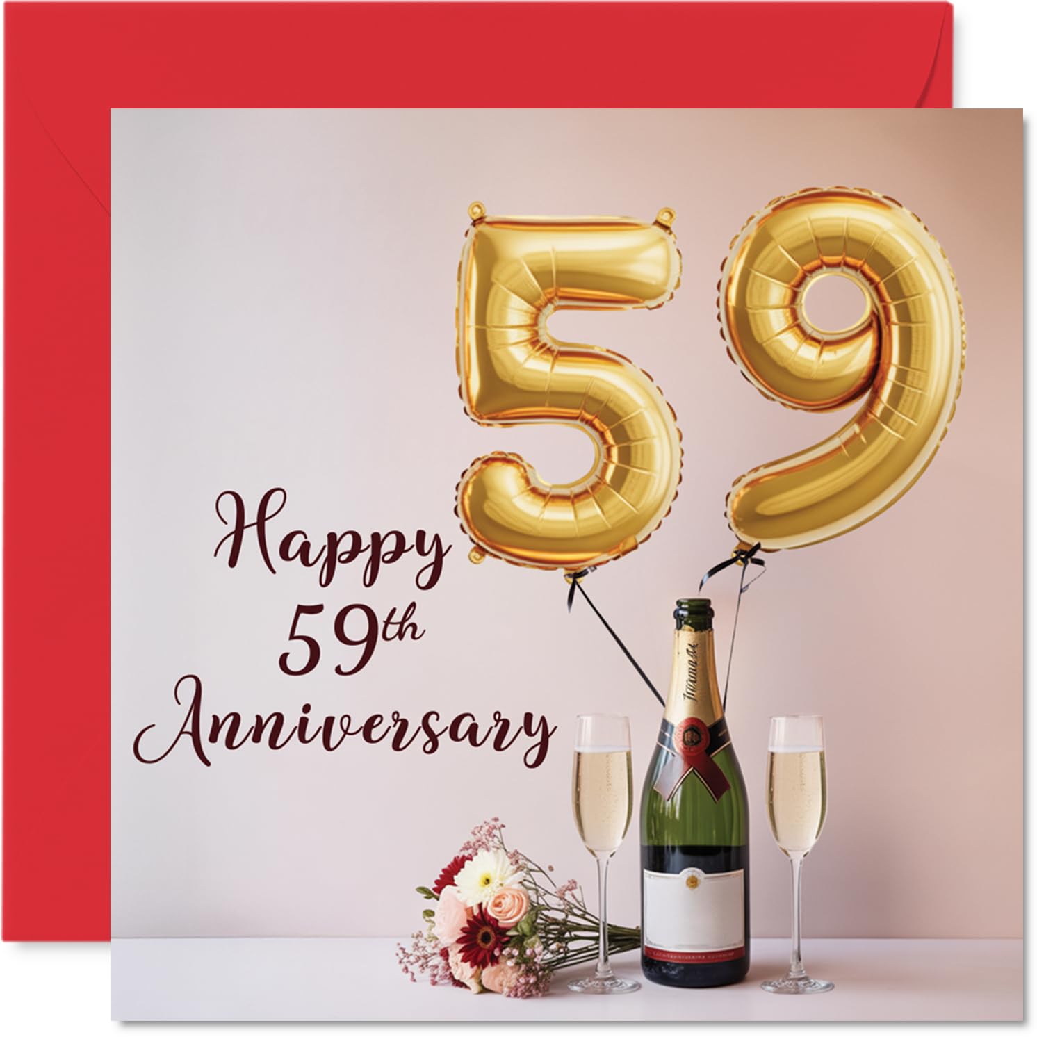 59th Anniversary Card for Women Men - Balloons & Bottle of Bubbly - Happy 59 Year Anniversary Card for Husband Companion Wife Partner, 145mm Wedding Anniversaries Greeting Cards