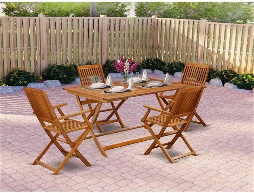 Pemberly Row 5-Piece Acacia Wood Patio Dining Set, Natural Oil Finish, Includes Rectangular Table with X-Style Legs and 4 Folding Armchairs, Weather-Resistant Outdoor Furniture for Porch, Balcony,