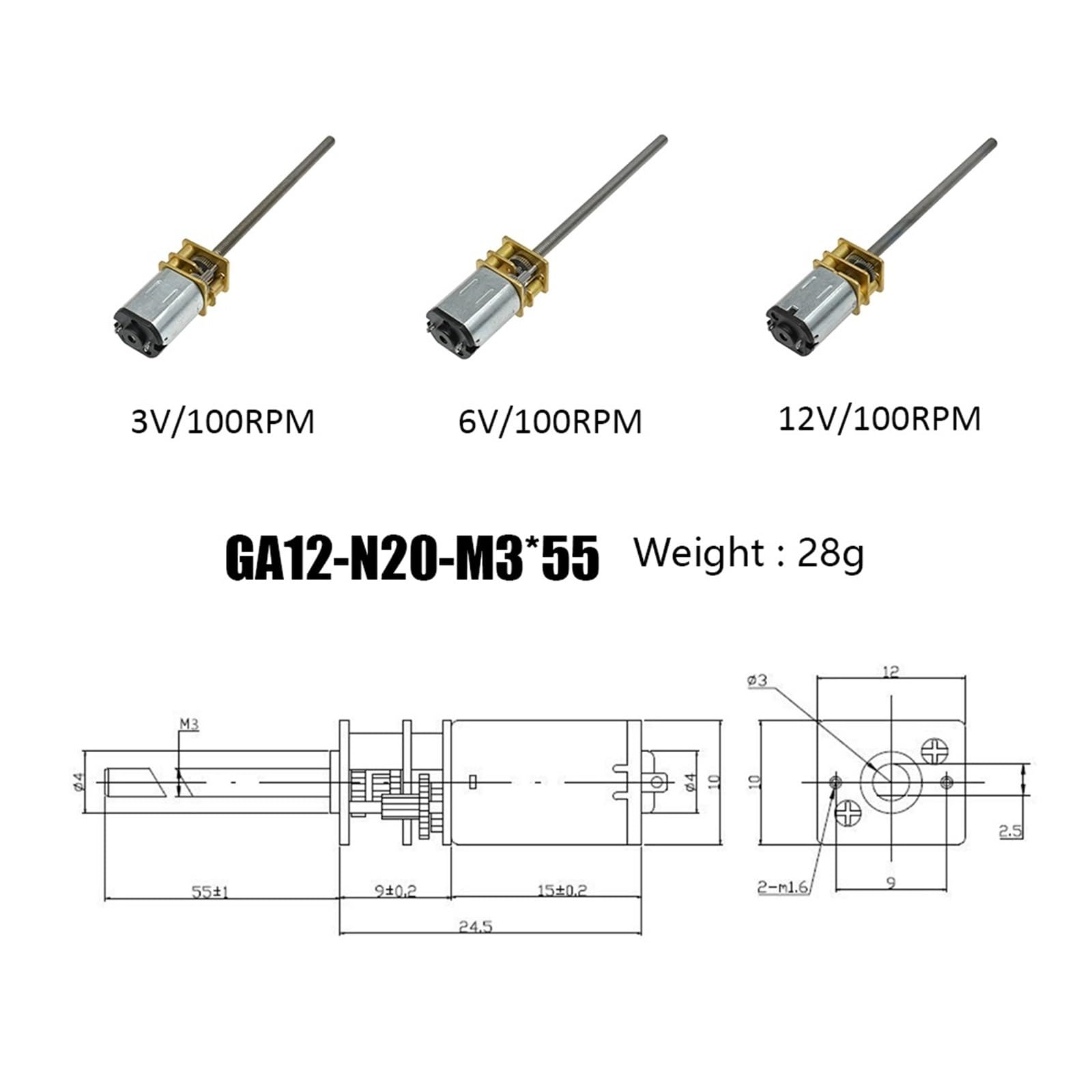 DC 3V/6V/12V N20 Mikro-Metallgetriebemotor, Gleichstrommotoren, Welle M3 x 55 mm, 15/30/60/100/150/200/300/400/500/600/800/1000 U/min(60,3V)