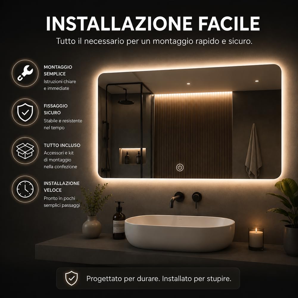 Shally Dogan Specchio Rettangolare da Parete con Led Dimmerabile a 3 Colori, Bianco Freddo, Caldo e Naturale, Accensione con Touch, Decorazione da Muro Design Moderno e Salvaspazio, 70 x 50 cm