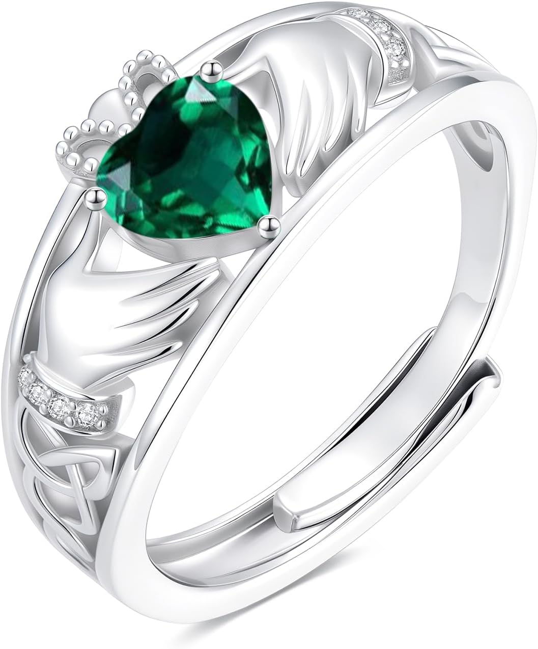 Diamond and Gemstone Claddagh Ring for Women 925 Sterling Silver Celtic Knot Heart Birthstone Rings Irish Engagement Wedding Promise Band, Adjustable Size 7