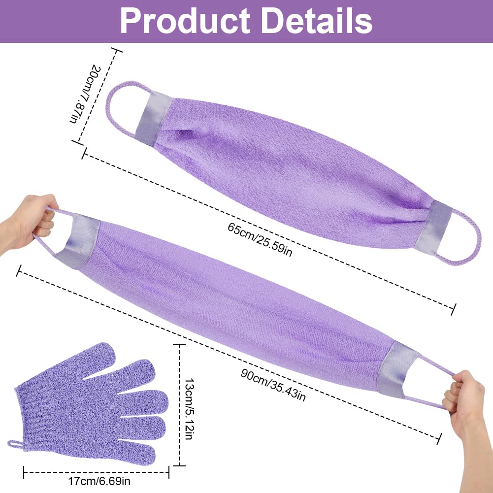 Set Guanto Scrub Corpo, 2 Guanti Esfolianti e 1 Scrubber per la Schiena, Panno Esfoliante Corpo Asciugamani Esfolianti per il Corpo Unisex, Guanti Esfolianti per Esfoliante/Doccia/Spa (Viola) - 2