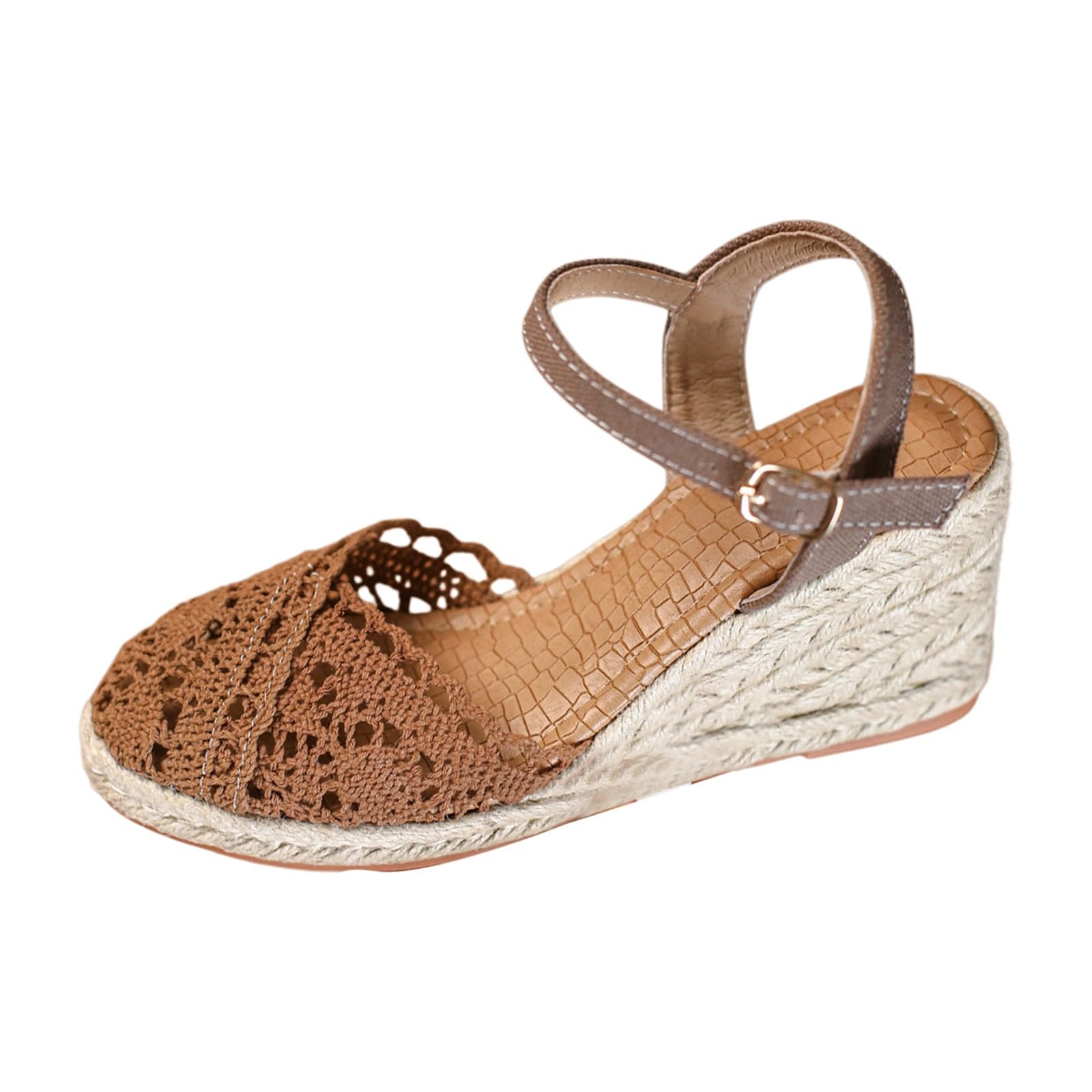 Sandalias De Alpargatas Bordadas Para Mujer, Con Y Tiras Al Tobillo, Punta Cerrada, Zapatos Verano Marca Mujer (Brown, 39) Cuñas Beige Cuña Andar Yute Negras Esparto