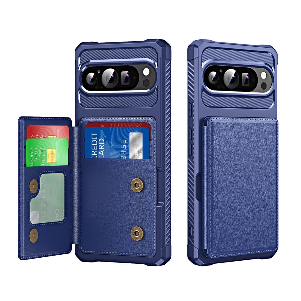 Coque Google Pixel 9 Pro XL cuir véritable bleu style portefeuille à rabat chic - 8