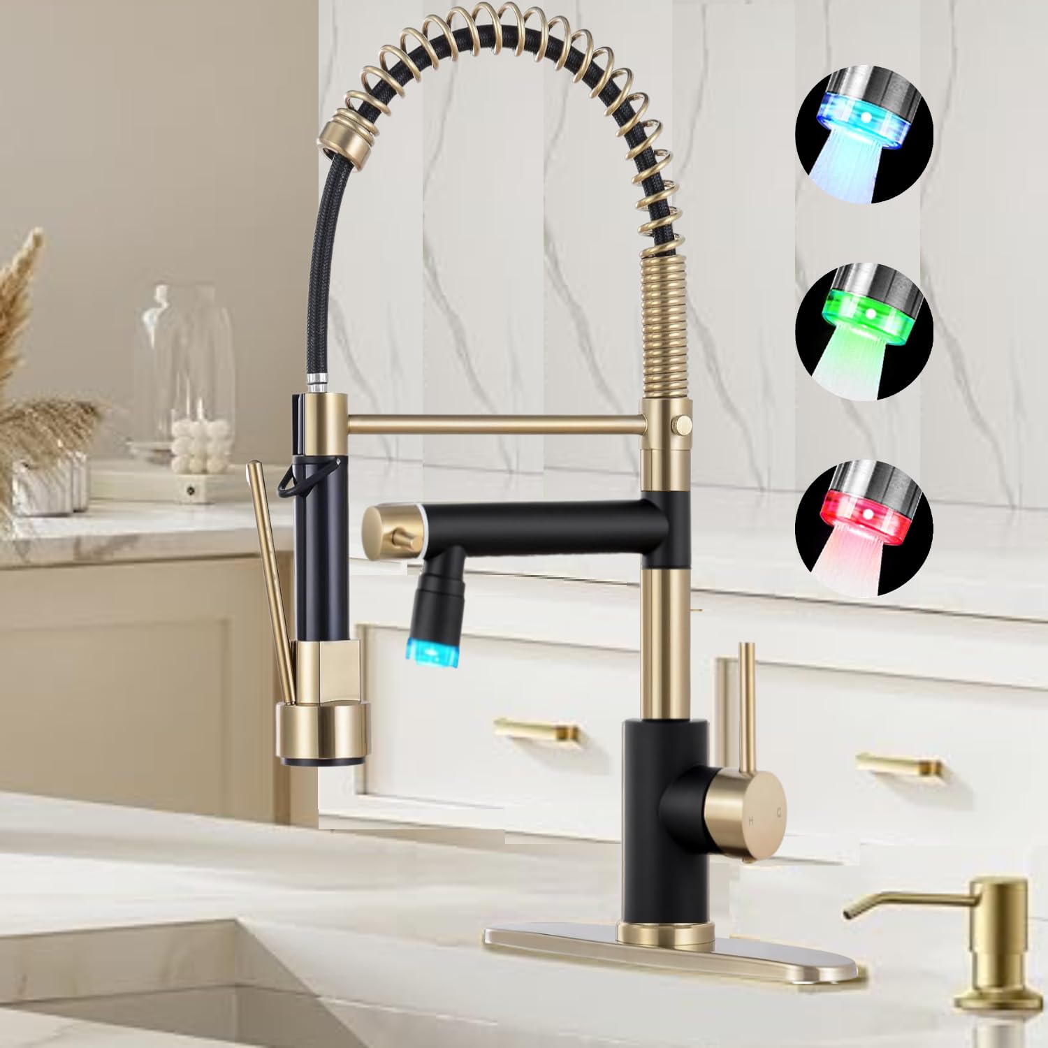 Smart Kitchen Faucet, 3 Modes Pull Down Sprayer, LED Temperature Control, Ceramic Valve,360-Degree Rotation,1 or 3 Hole Deck Plate, Double Spout. 10-Year Warranty. (KW-21GR, Brushed Gold/Black)