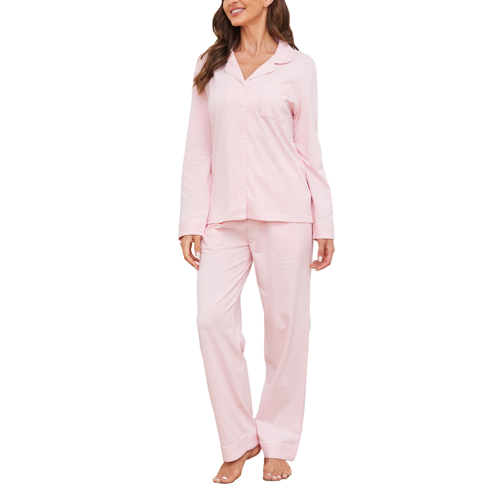U2SKIIN Schlafanzug Damen lang 100% Baumwolle, Pyjama Damen weiche Pyjamas Set leichte Nachtwäsche Schlafanzüge für Frauen Zweiteiler Pyjama Set