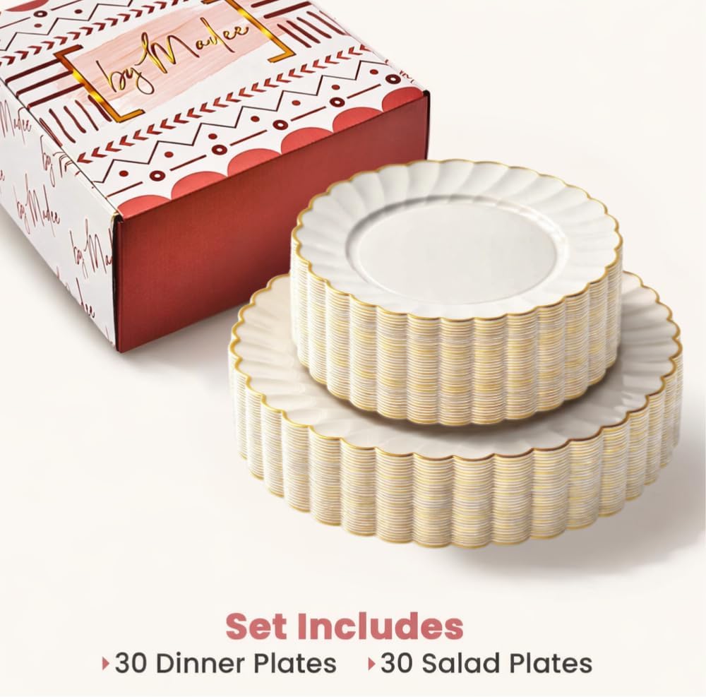 By Madee HEAVYWEIGHT 60 Pc Ivory Scalloped Easter Plastic Plates for Party with Gold Trim – 30 Dinner & 30 Dessert Plates – Elegant & Fancy for Wedding, Showers, Special Moments (30 Guests)