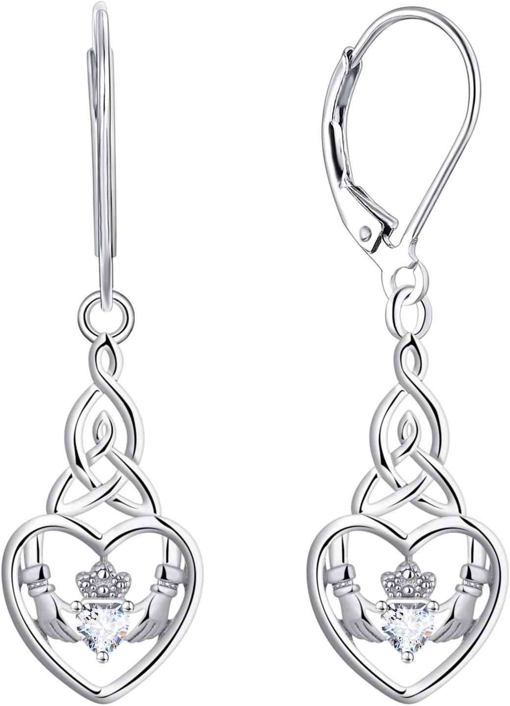 JO WISDOM Women Earrings,925 Sterling Silver Irish Celtic Claddagh Love Heart Drop & Dangle Leverback Earrings with 5A Cubic Zirconia