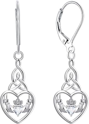 JO WISDOM Women Earrings,925 Sterling Silver Irish Celtic Claddagh Love Heart Drop & Dangle Leverback Earrings with 5A Cubic Zirconia