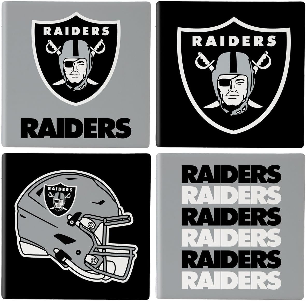 NFL Las Vegas Raiders Coasters Gift Set with Wood Caddy, 4pcs Ceramic Stone Drink Coasters with Wooden Holder, Football Tabletop Décor for Home, Bar, Man Cave, Holiday for Men Women