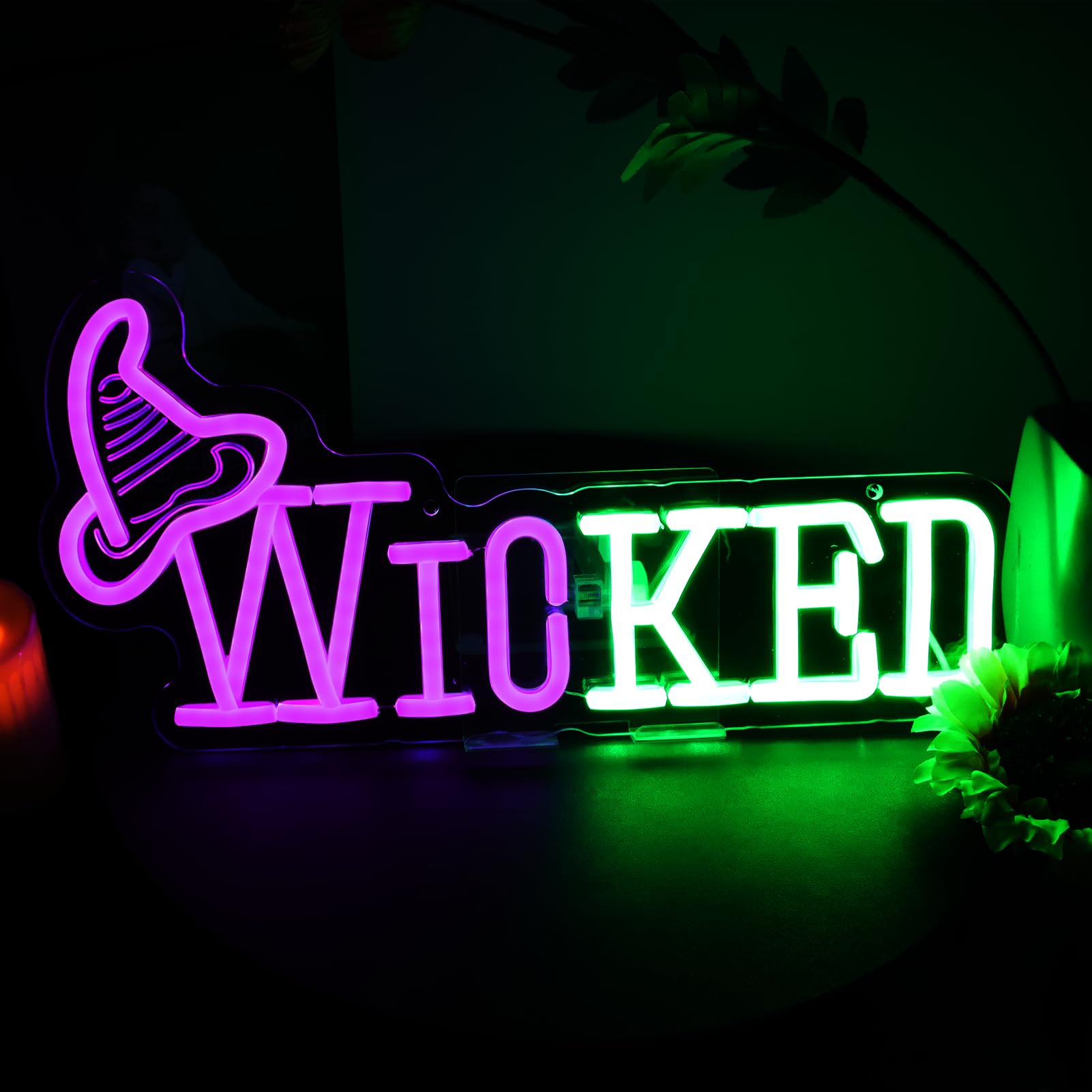 Witch Neon Sign Halloween LED Light for Wall Decor, Dimmable Green and Purple Sign with Magical Letter for Bedroom Halloween Party Decor Haunted Mansion Witch Fans Gift