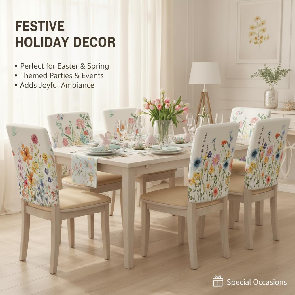 Spring Floral Chair Covers Set of 6 - Dining Room Chair Back Covers, Springtime Farmhouse Removable Chair Protectors Covers, Idealfor Dining Room, Kitchen, Party, and Banquet Decoration
