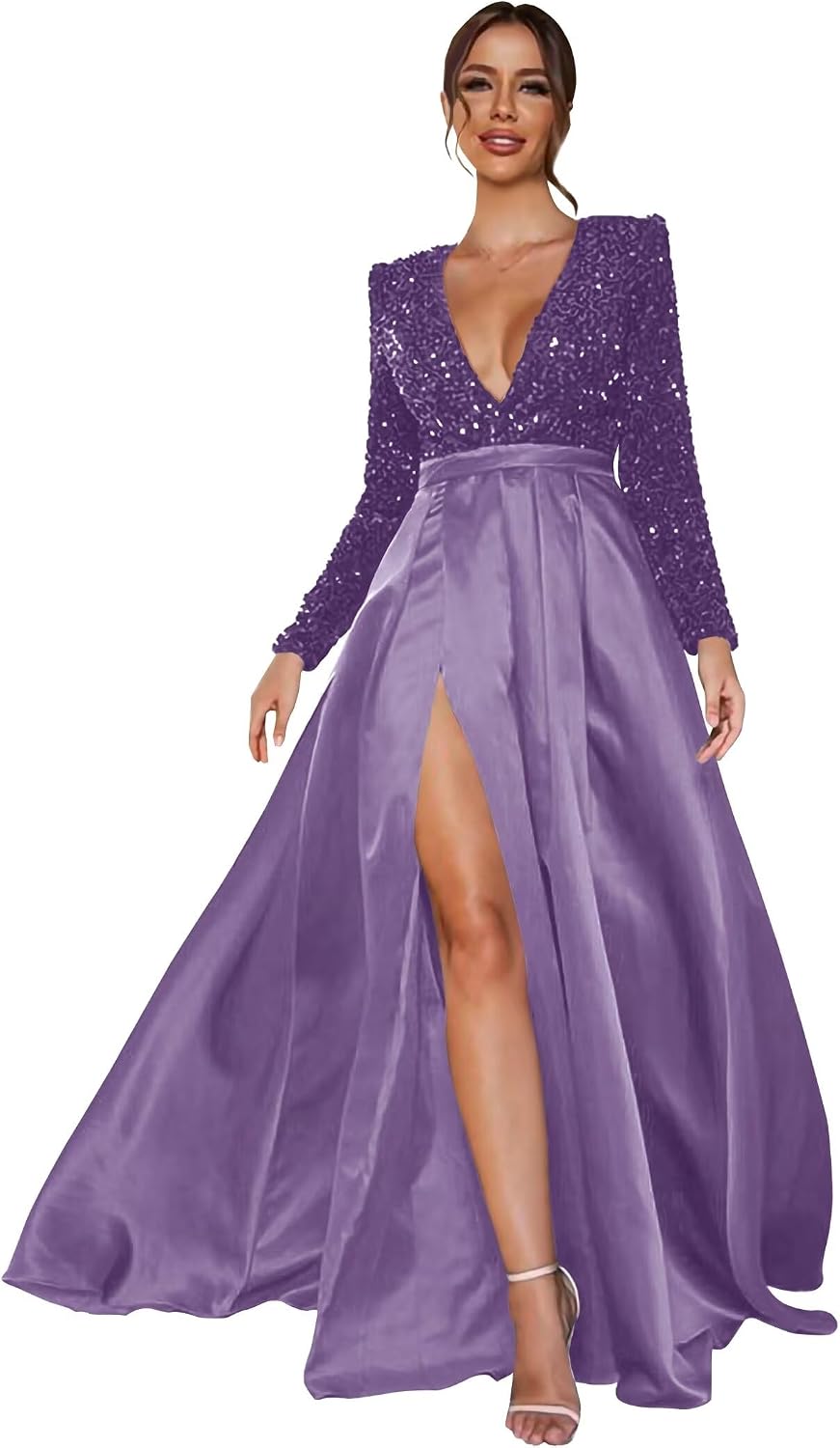 Long Sequins Prom Dress for Women with Sleeves High Slit Formal Dress for Evening Party with Pockets