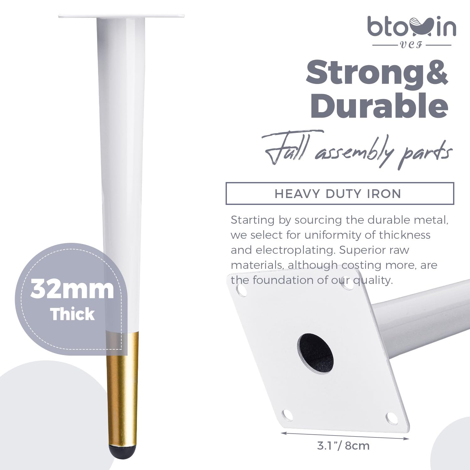 Btowin 8 Inch / 20cm Metal Furniture Legs, 4Pcs Modern Straight Tapered Furniture Feet - Image 3