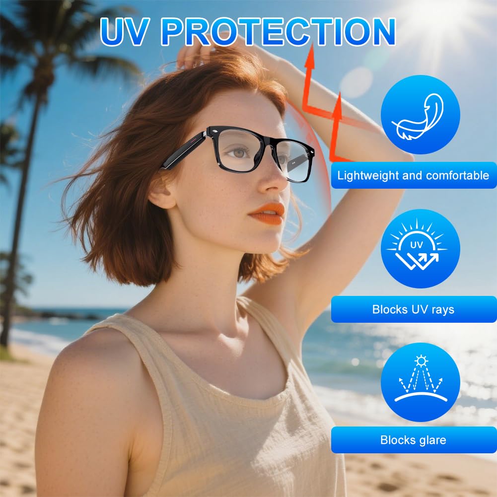Lunettes intelligentes, AI Bluetooth, lunettes de traduction AI 144 langues, prise en charge des appels audio Bluetooth 5.4, dialogue, écoute de chansons, lentille de protection UV