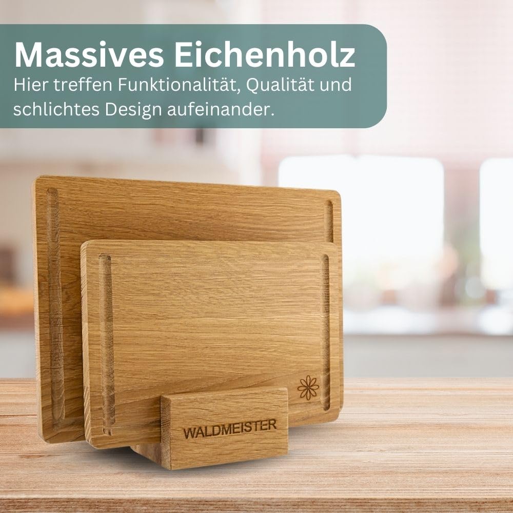 Waldmeister Schneidebrett 2er Set aus massiver Eiche (33x24/26x18cm) - Eichenbrett mit Saftrille - Holzbrettset mit passender Halterung - perfekt für deine Küche