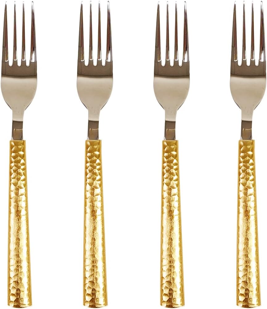 Stunning Matte Gold Two Tone Hammered Design Fruit Fork / Dessert Fork Set of 4 piece comes in a Window Box - Matte Gold