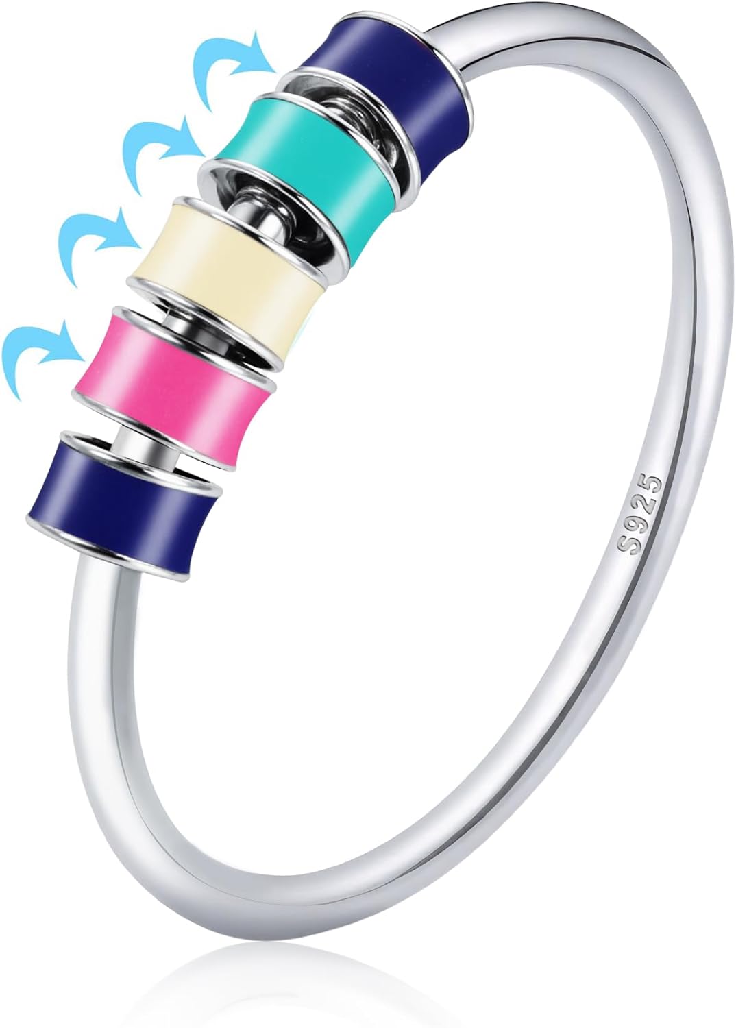LOVECOM 925 Sterling Silver Fidget Anxiety Ring With Colorful Enamel Beads for Women Stress Relief Spinner Ring Anti Anxiety Rotate Stacking Funny Ring Jewelry Birthday Gifts for Mom Daughter