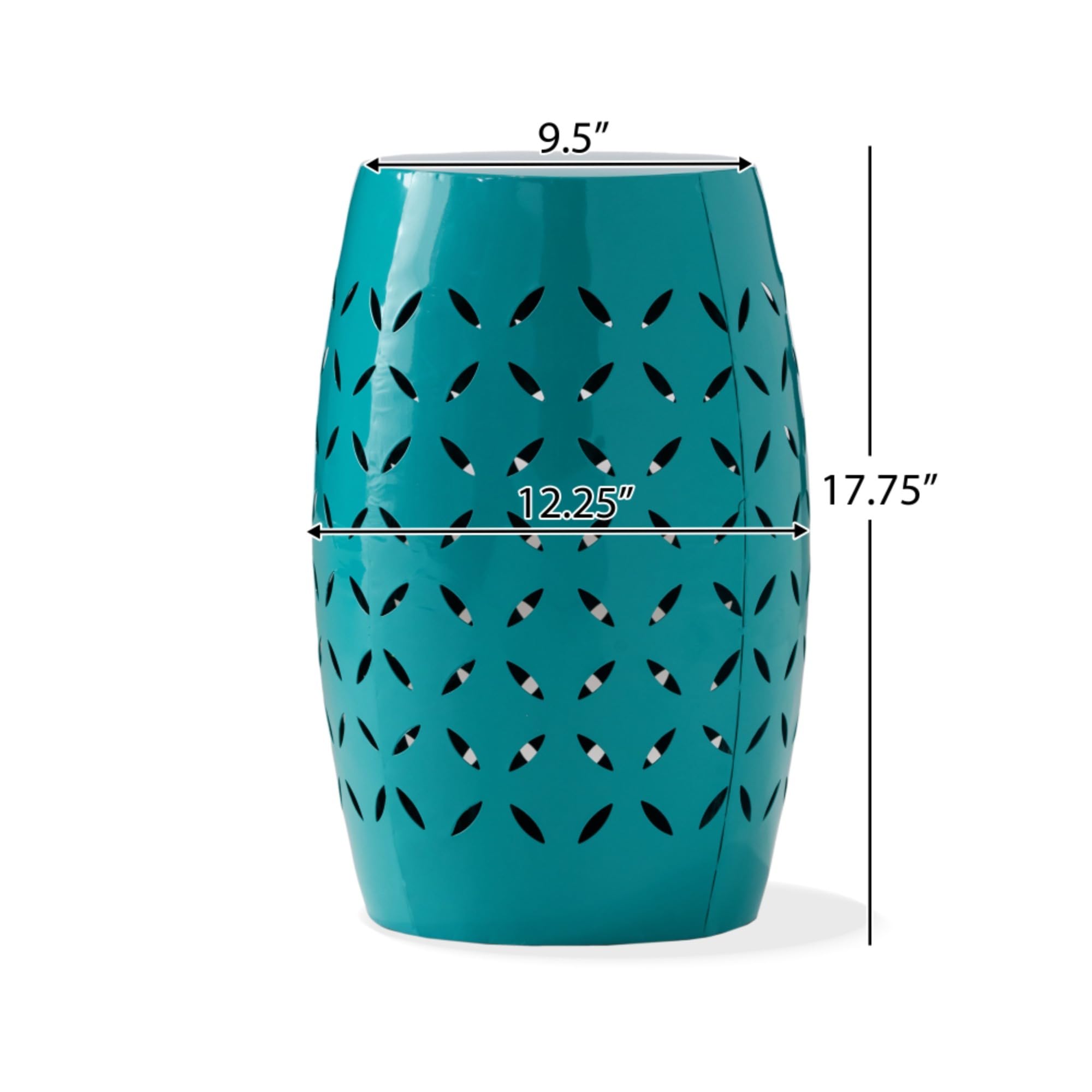 Metal Accent Side Table Cylindrical Sculptural Barrel End Piece Laser Cut Floral Pattern Indoor Outdoor Coffee Stand Modern Industrial Patio Balcony Porch Living Area Sofa Companion Stool (Teal)